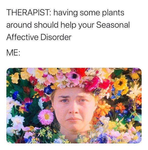 midsommar flower crown - Therapist having some plants around should help your Seasonal Affective Disorder Me