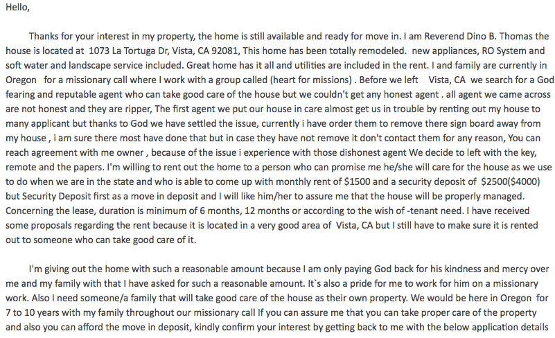 His email, looking for a downpayment and first month without dealing with any realitors