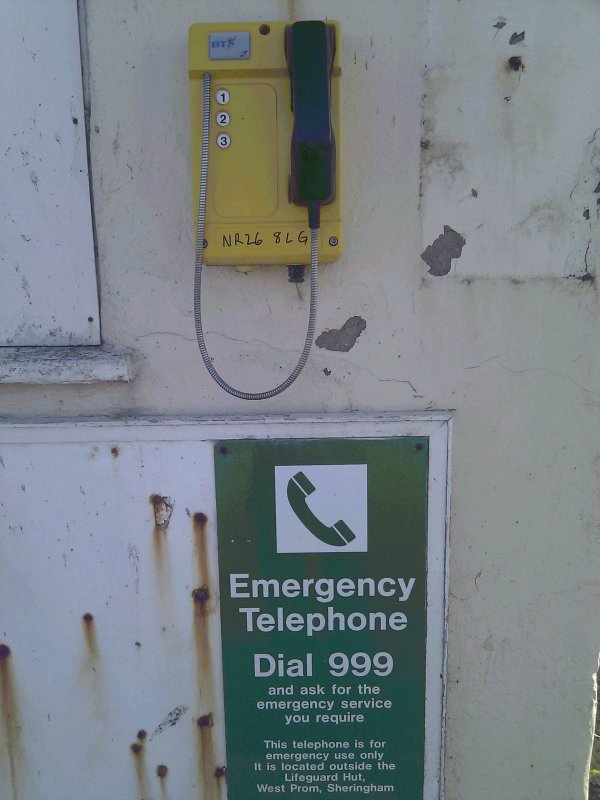 emergency telephone - Nr 26 8 Lg Emergency Telephone Dial 999 and ask for the emergency service you require This telephone is for emergency use only It is located outside the Lifeguard Hut, West Prom, Sheringham