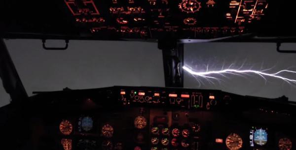 When flying close to thunderstorms, the cockpit windshield will sometimes turn into an electricity show, kind of like those old plasma globes. It’s called “St. Elmos Fire” caused by static electricity in the air and totally harmless.