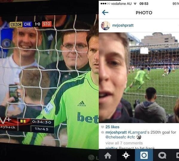 #21 Right Time Selfie!    Chelsea fan captured the moments before Frank Lampard is about to make his 250th goal.