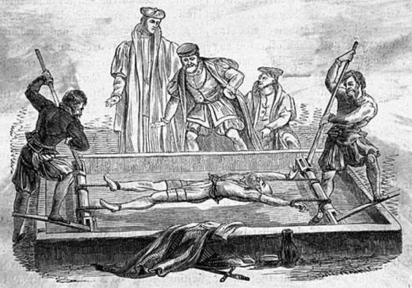 The Rack: Probably the most commonly known torture device from the Middle Ages, the rack was a wooden platform with rollers at both ends. The victim’s hands and feet were tied to each end, and the rollers would be turned, stretching the victim’s body to deadly lengths.