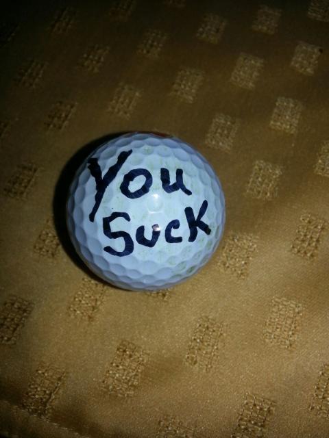 I live on the 18th hole of a golf course. After living here almost a year, we have acquired many, many errant golf balls. We always see the golfers search for their balls. This time I'm going to make it easy to find them. When a ball lands in our backyard, they now get a little reminder written on their ball before we throw it back over....
