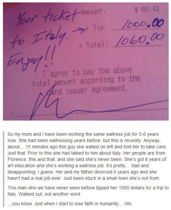 This amazing tipper who wanted to help someone achieve their dreams