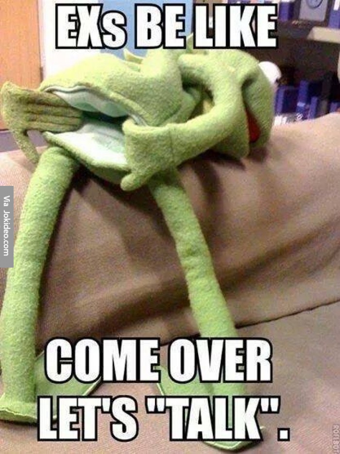 Funny picture of kermit offering his puppet hole as how exs be like come over, lets talk