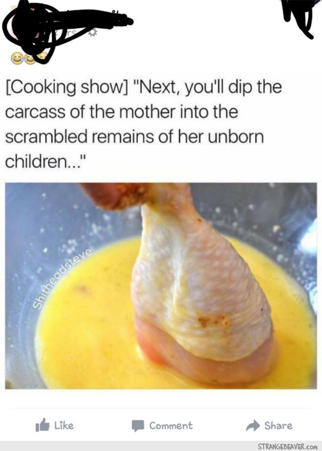 vegan cooking meme - Cooking show "Next, you'll dip the carcass of the mother into the scrambled remains of her unborn children..." hitheadstev I Comment Strangebeaver.Com