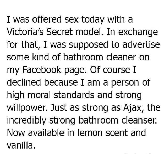 cute couple quotes - I was offered sex today with a Victoria's Secret model. In exchange for that, I was supposed to advertise some kind of bathroom cleaner on my Facebook page. Of course I declined because I am a person of high moral standards and strong