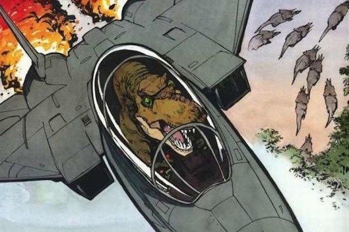 t rex flying a fighter jet