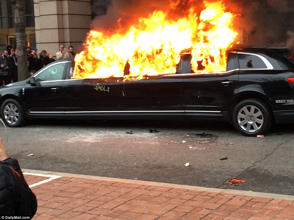 These "loving and compassionate" anti-Trump hooligans burnt the limo owned by a MUSLIM IMMIGRANT that was just trying to put food on the table for his family. Way to go, liberals. Fortunately Trump supporters started a go fund me and he's well on his way to getting a new limo.