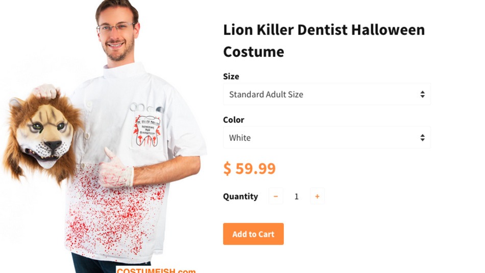 The biggest debacle of summer 2015 is now the worst costume of Halloween 2015. Available on Costumeish.com, the whole get-up includes a severed lion’s head, dentist smock, gloves and dentist tools. According to Costumeish.com CEO Johnathon Weeks, they were inundated with calls for the costume. However, since the costume went live on the site, the