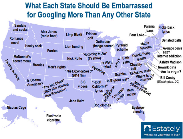 This is a US map showing an 'embarrassing' search term that each state has made significantly more than all the others in the last 11 years.