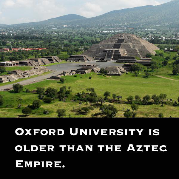 Oxford was teaching in 1096, 4 centuries before the Aztec Empire existed.