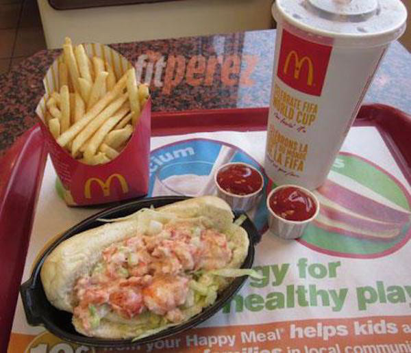 McLobster:
The McLobster was pretty much lobster meat shoved in a hot dog bun with “McLobster sauce” and shredded lettuce. Honestly, there are certain foods that should never be too cheap. Seafood falls under that list of things.