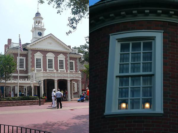 In the second story windows of “Hall of Presidents,” you can spot two lanterns. They are referencing the line “One if by land, and two if by sea” from Henry Wadsworth Longfellow’s poem “Paul Revere’s Ride.”