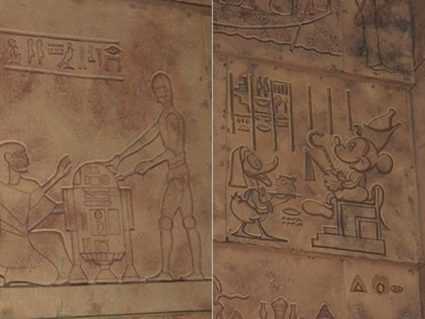 If you look closely at the hieroglyphics in theIndiana Jones sections of the “The Great Movie Ride,” you’ll see Mickey and Donald, and C-3PO and R2-D2.