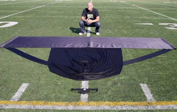 World’s largest jockstrap:
Michael Barrett raised $850 in order to pay the Guinness Book of Records to measure the gigantic undergarment he made to set a world record.
