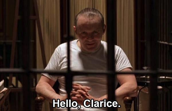 The closest thing Hannibal Lector says to this quote in the movie is “Good evening, Clarice.”