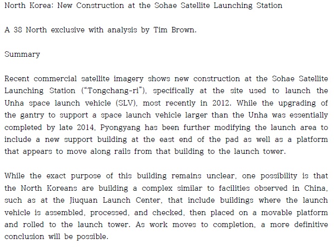 North Korea claims that the new construction is aimed at building a facility to launch a satellite. But I think it is made for developing a long-ranged missile. It’s argument smells of hypocrisy. We should act now!
http://38north.org/2015/05/sohae052815/