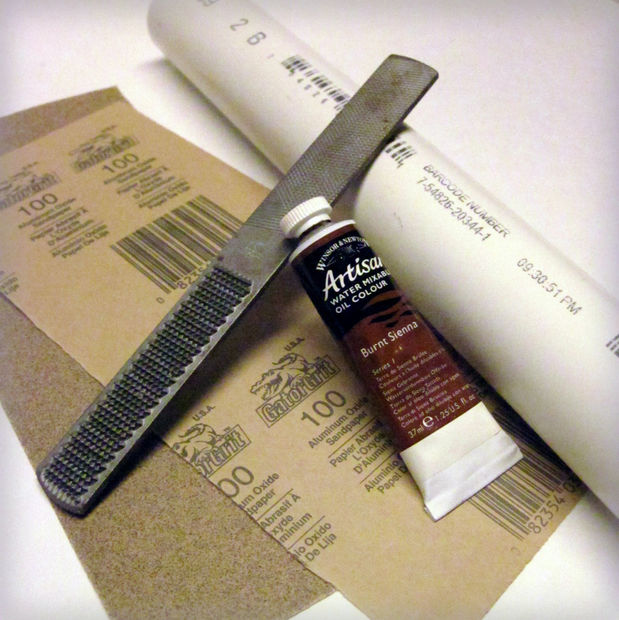 What you need is a PVC pipe, Heavy Metal File with Rasp and Double cut sides (file costs approx. 9$), 100 Grit sandpaper, Artist Oil Paint or Acrylic but it requires a seal to avoid chipping. Wire Brush (to clean file), and Dust mask.