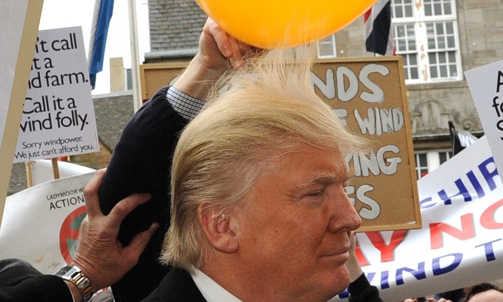 TRUMP MEMES - Trump meme of donald trump balloon hair - it call ta id farm. Call it a vind folly. Nds Wind King I Sorry windpower We just can't afford you Ladymoorw Action