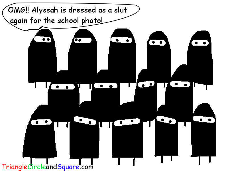 The very funny drawings of the foolish cartoons where girls all dressed in a burka take a school picture
