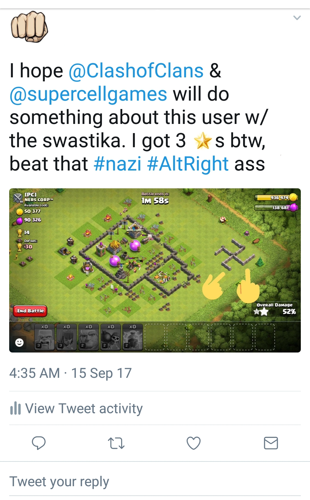 Clash of Clans player humiliates Alt Right Nazi scumbag on Twitter with a funny post and 3 star victory