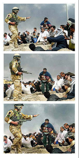 The top two photos were combined to create the third photo which was feature on the front page of the NY Times. After viewers commented that individuals in the background seemed to appear more than once, the photographs creator, Brian Walski, admitted to editing the photos together to improve the composition.