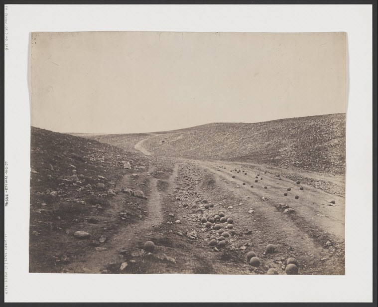 One of the first ever 'conflict photographs' taken by Roger Fenton in 1855, while documenting the Crimean War, shows a road littered in cannonballs. There are two negatives showing this scene, one as you see above and another where the cannonballs lay on the side of the road. Someone moved the cannonballs.