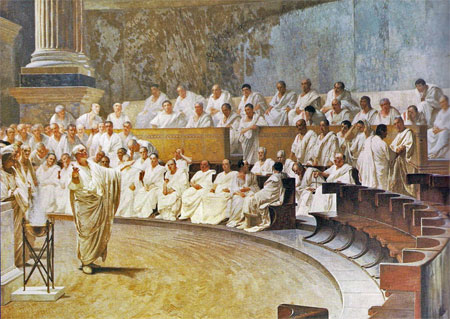 Representation of a sitting of the Roman Senate:Cicero attacks Catilina, from a 19th-century fresco