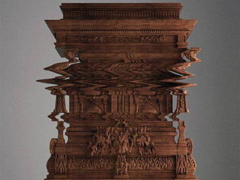 Claim: This is an actual piece of carefully carved furniture, made to appear as if its been deformed by a digital glitch. It's not a photo file gone wrong.