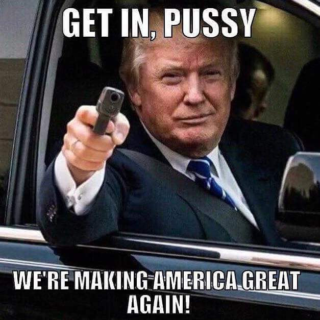 Offensive meme of Donald Trump pointing a gun at you and telling you to get in while using a common expletive that does not mean cat.