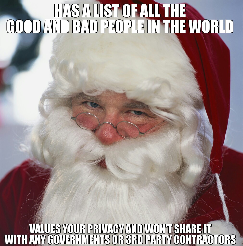 Offensive meme about how much of a great guy Santa Clause really is, he could see all that privacy info for a fortune.