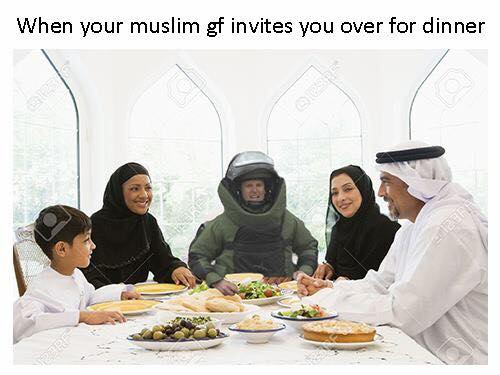 Politically incorrect meme about dressing as bomb squad specialist when eating at Muslim girl's parents house.