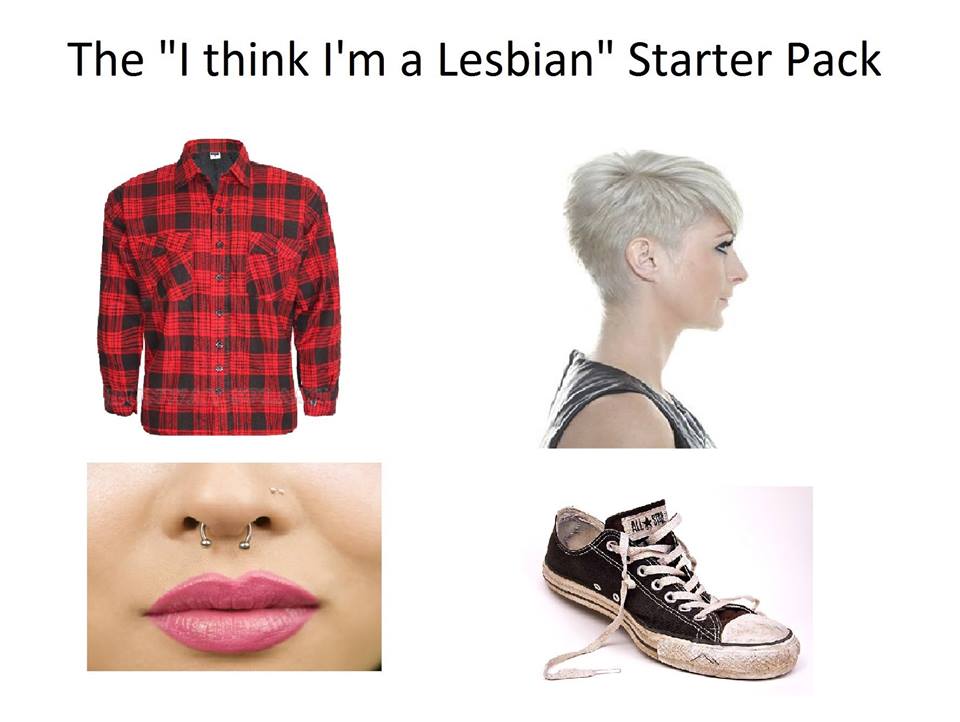 Savage meme that is offensive about the lesbian starter pack of checked flannel shirt, short haircut, nose ring and converse sneakers.