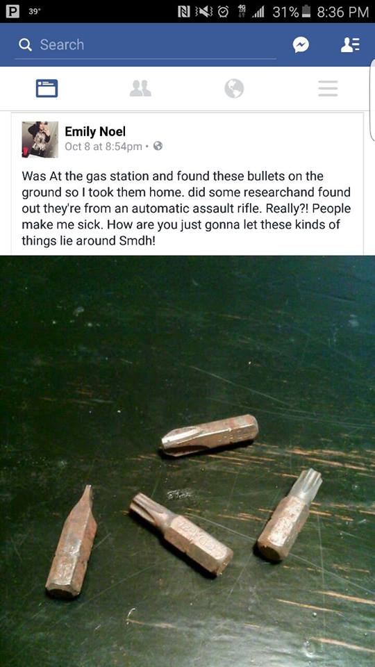 WTF dank meme of a woman that can't tell the difference between hex drill bits and bullets.