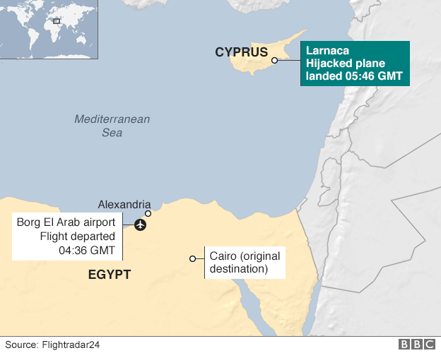 The flight departed from Alexandria and was forced to land on Cyprus, an island in the Mediterranean. A statement from Egypt's civil aviation ministry said 26 foreign passengers were on board, including eight Americans, four Britons, four Dutch citizens, two Belgians, two Greeks, a French national, an Italian and a Syrian. I know that sounds like the beginning of a joke but to the people onboard it turned out to be a huge relief when their hijacker only wanted to reconnect with his wife. 