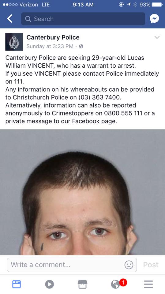 William Vincent warning sent out by police of a man who also is missing half his ear on one side.
