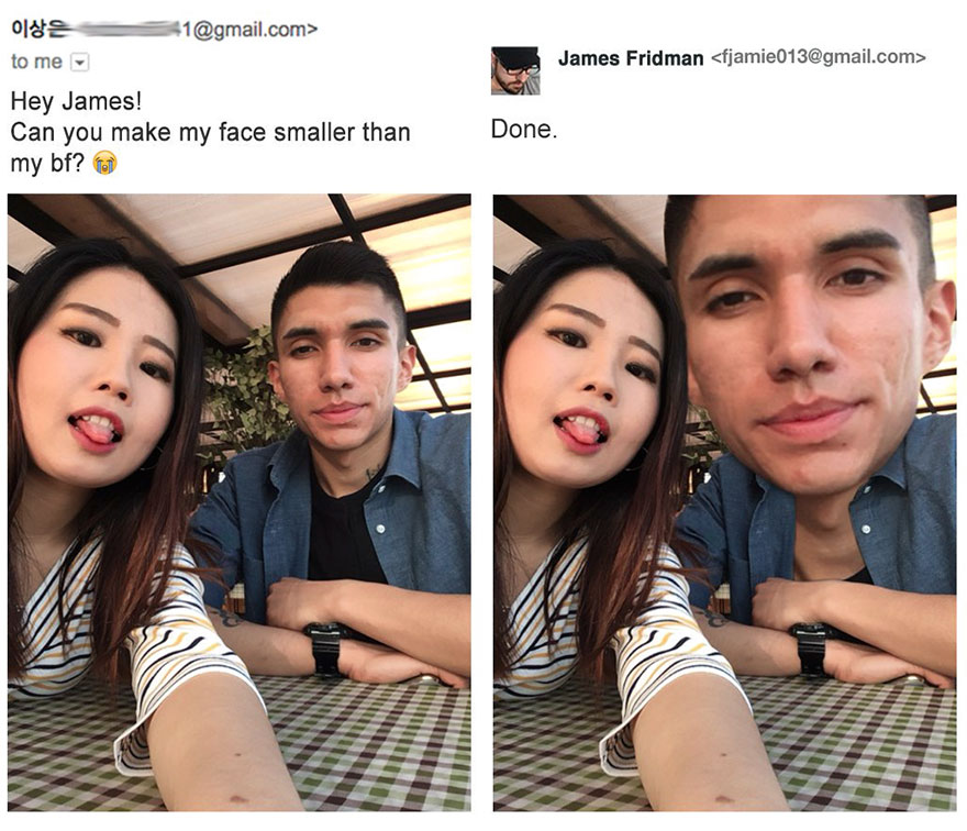 Woman asks James Fridman to make a her boyfriend's face bigger than hers and gets what she asked for.