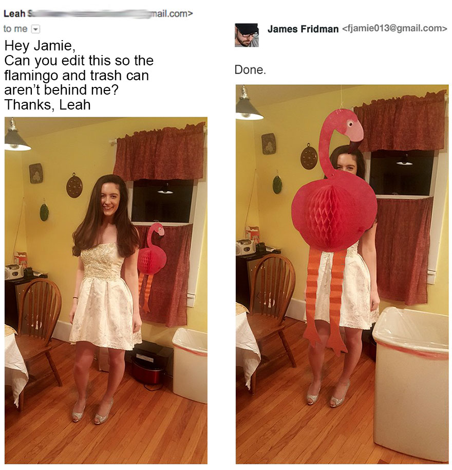Girl asks James Fridman to photoshop some stuff that is behind her and he basically puts those items infront of her.