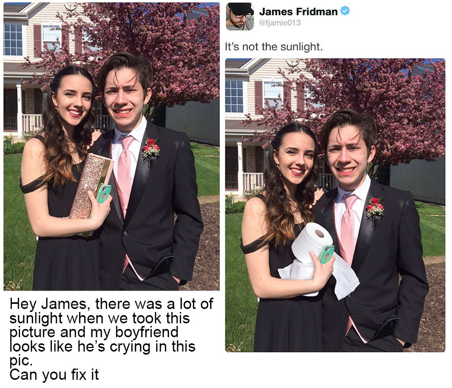 Funny photoshop by James Fridman of a guy who looks like he is crying in a picture so he shops in some toilet paper to help him get past it.