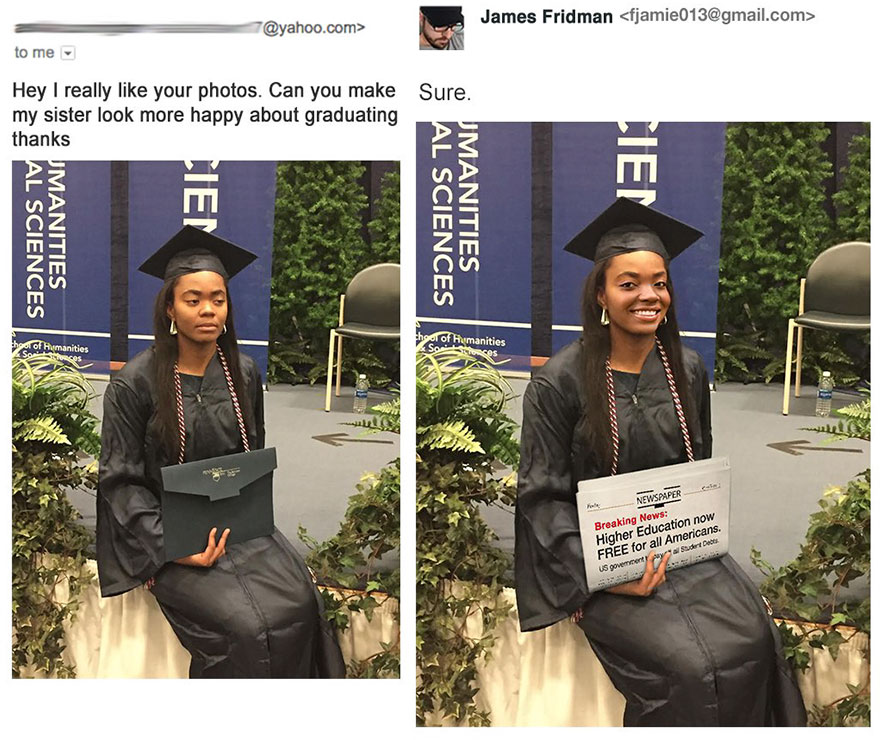 James Fridman photoshops a woman who is a bit down and out at her graduation to be smiling and holding newspaper about low cost of university.
