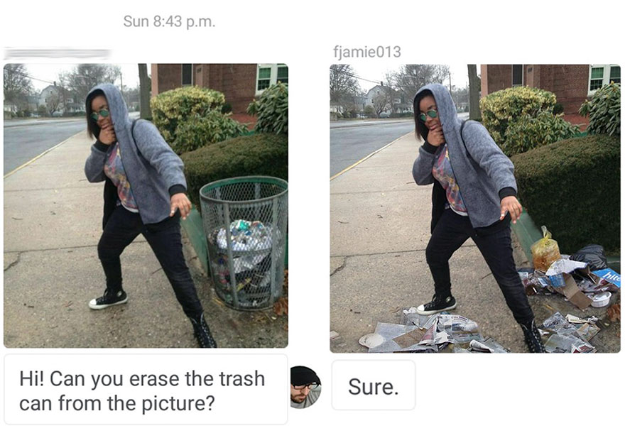 James Fridman photoshops out a garbage can from a pic, but place bunch of trash around where it stood instead.