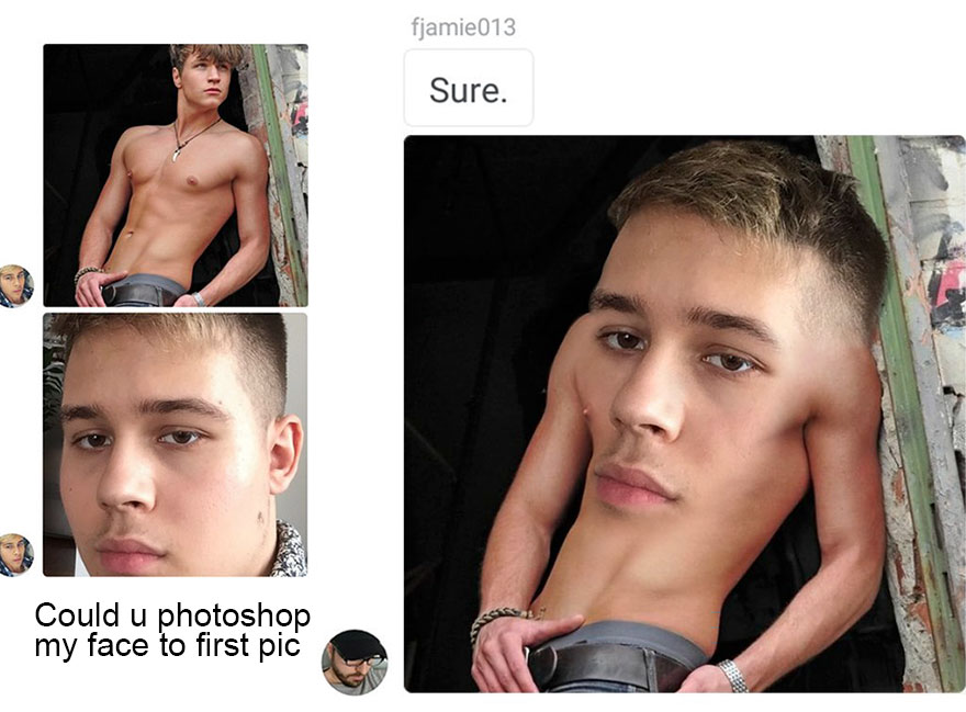 Man asks to be photoshopped on model's body, James Fridman obliges and puts his head on about half the body.