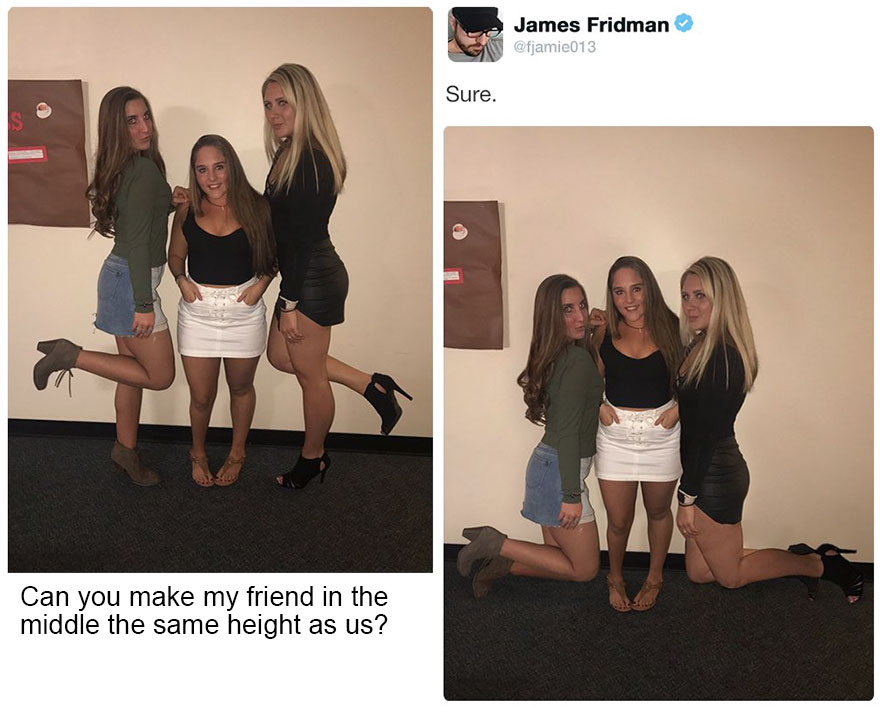 James Fridman photoshop to make short girl the same height as everyone.