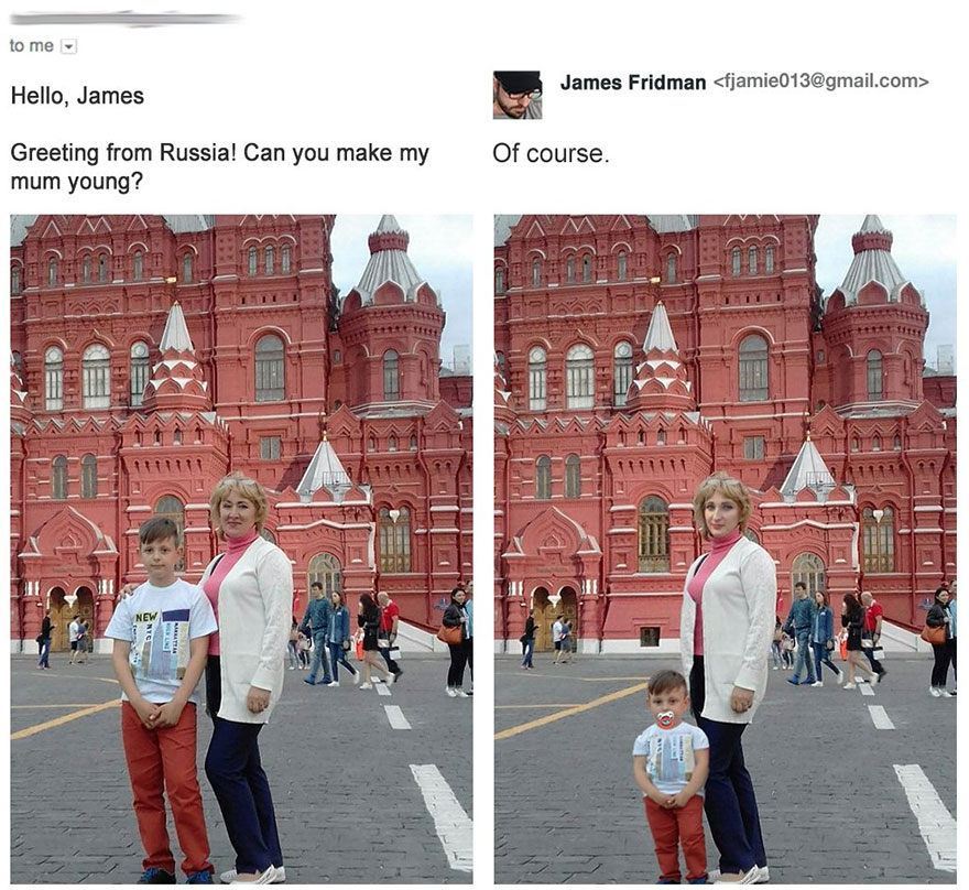 Girl asks to make picture in which mom is younger and James Fridman makes them both much younger.