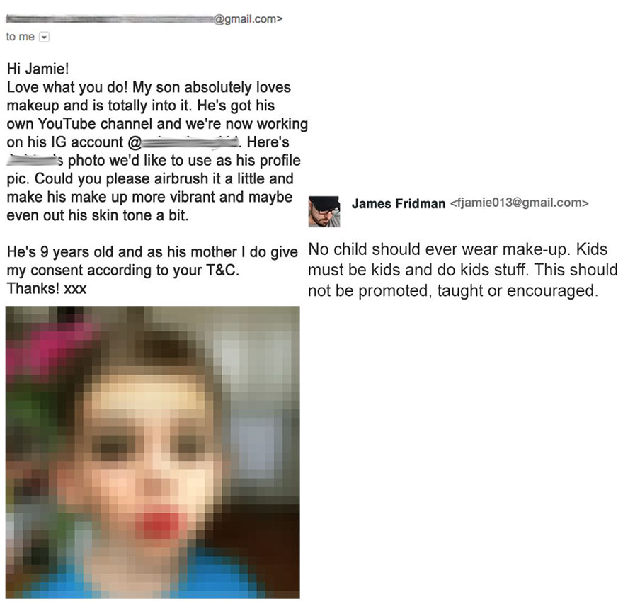 James Fridman refuses to photoshop a picture of a kid to make it look like he has makeup