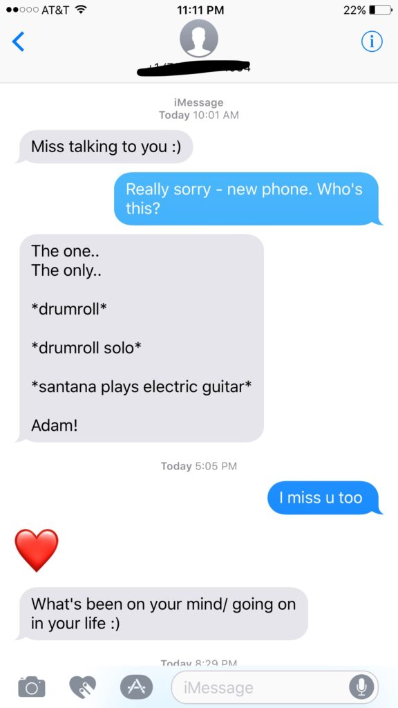 Dude named Adam send text that he is missing hi ex and finds out it is a new phone
