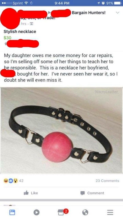 Facebook post of a necklace some dad is selling that his daughter's boyfriend got her that she never wears.