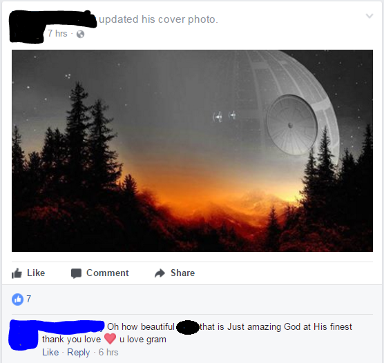 Cover photo of Star Wars Deathstar sunset and someone is exclaiming the wonders of god.