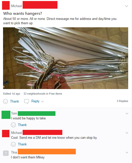 Facebook thread of getting those free hangers